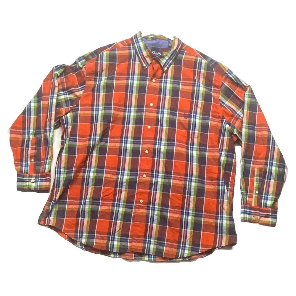 Chaps Easy Care Shirt Mens 3XB Var Orange Cotton Plaid Pleated Button Down